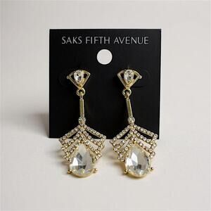 Saks Fifth Avenue Gold & Clear Crystal Art Deco Drop Earrings - NEW on card